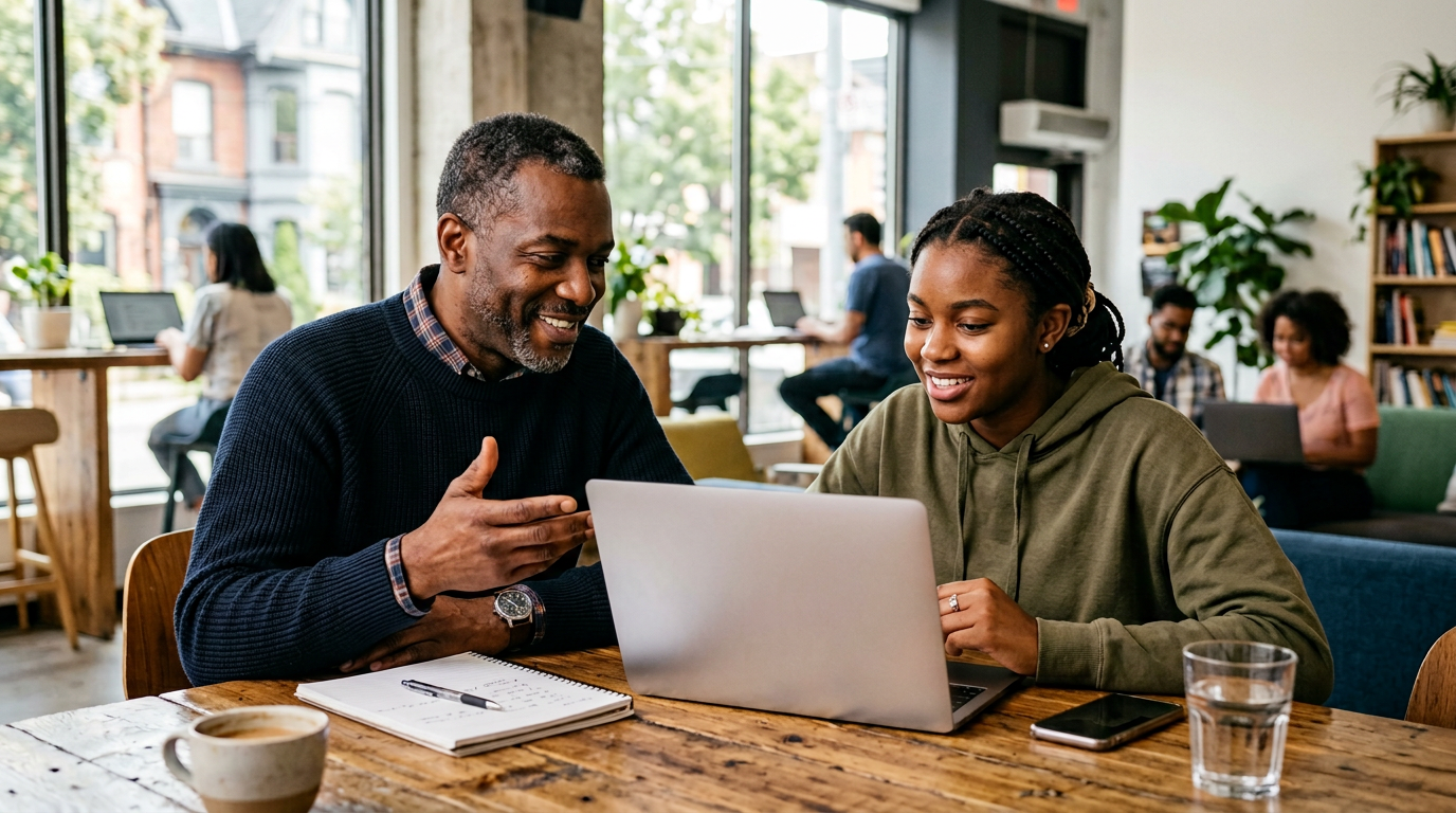 Afri-Canadian mentor and young adult reviewing goals together at a table with a laptop