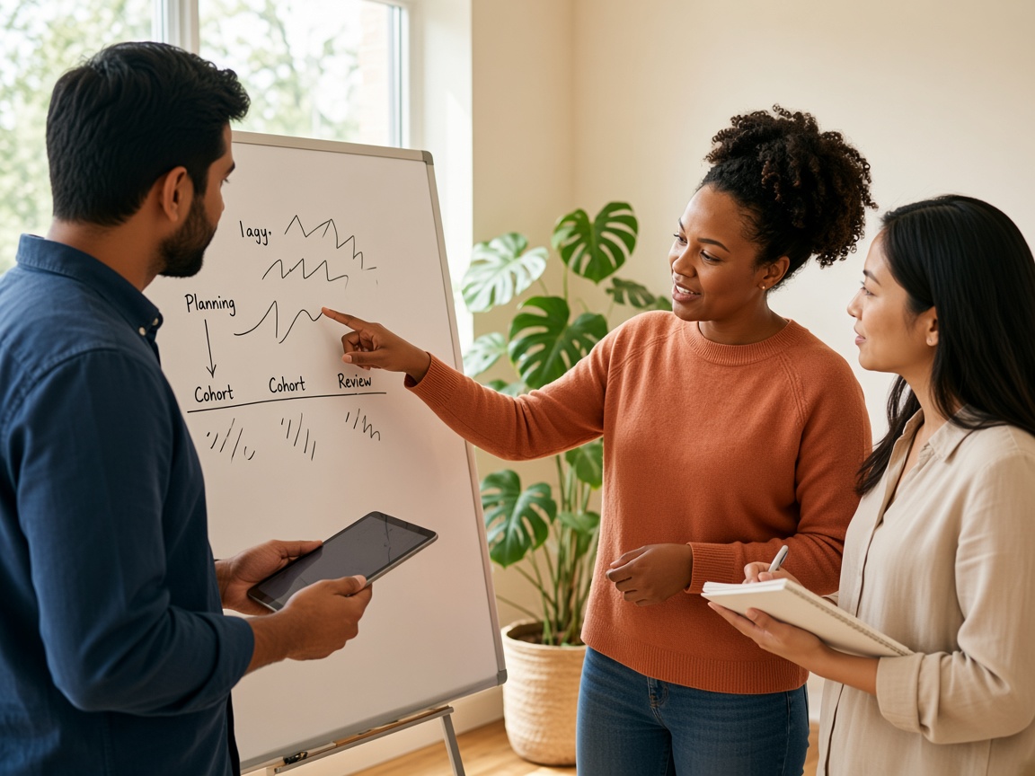 Program coordinators planning a mentorship cohort at a whiteboard
